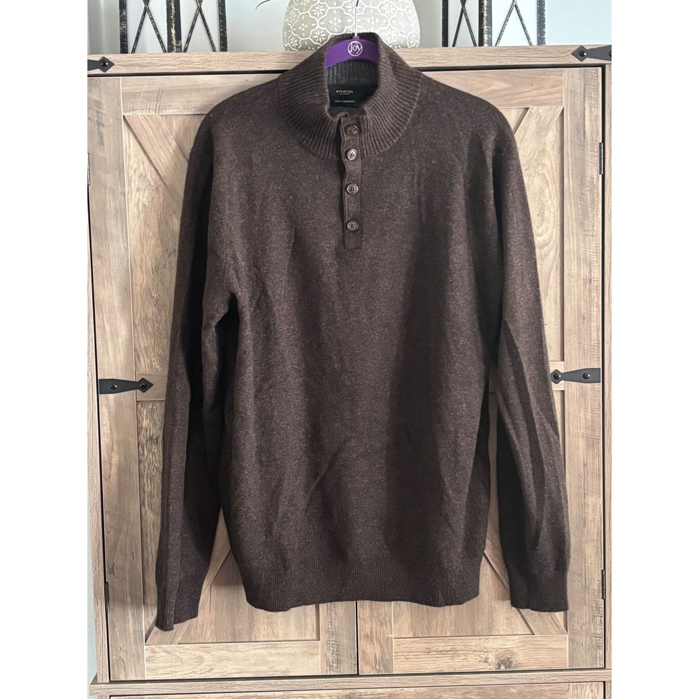 Kinross Cashmere Men Brown Mock Neck 4-Button Henley Sweater Large 100% Cashmere